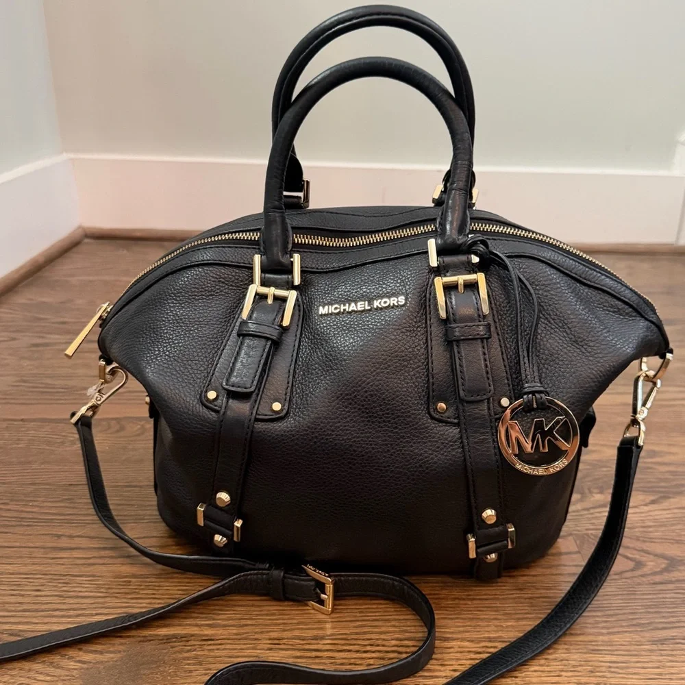 Michael Kors Black Leather Bedford Satchel Shoulder Bag Gold Hardware